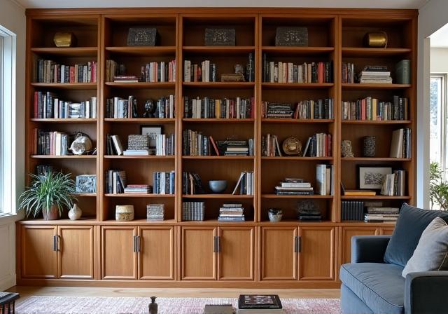 Stor og solid bokhylle i heltre eik, klassisk stil.