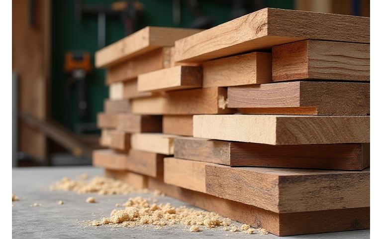 Stabel med planker av ulike tresorter i verkstedet.