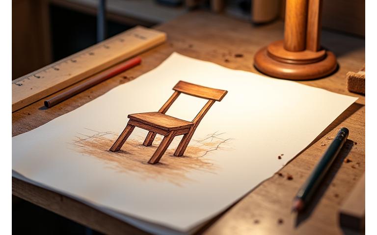 En håndtegnet skisse av en stol ligger på et arbeidsbord.
