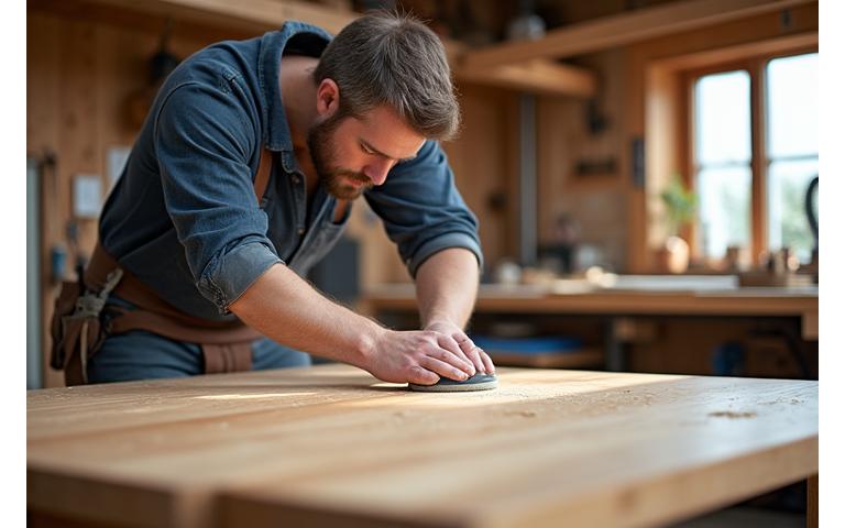 En møbelsnekker som pusser et eikebord i et lyst verksted.